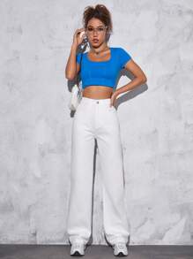 SHEIN PETITE Solid Straight Leg Jeans - White - View 5