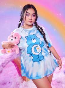 ROMWE X Care Bears Hơn Nhuộm buộc Đồ họa Hoạt hình Áo thun Thả vai - Màu xanh lam - Xem 1
