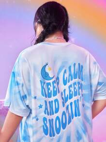 ROMWE X Care Bears Hơn Nhuộm buộc Đồ họa Hoạt hình Áo thun Thả vai - Màu xanh lam - Xem 4
