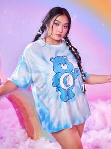 ROMWE X Care Bears Hơn Nhuộm buộc Đồ họa Hoạt hình Áo thun Thả vai - Màu xanh lam - Xem 5