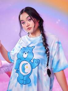ROMWE X Care Bears Hơn Nhuộm buộc Đồ họa Hoạt hình Áo thun Thả vai - Màu xanh lam - Xem 7