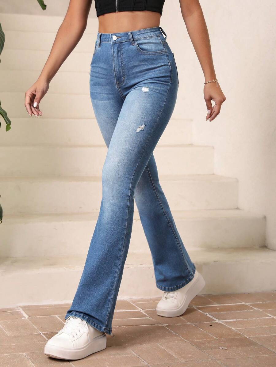 SHEIN Unity Quần jean nữ Nút Túi Dây kéo màu trơn - Rửa nhẹ - Xem 1