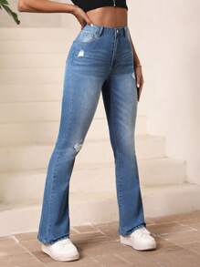 SHEIN Unity Quần jean nữ Nút Túi Dây kéo màu trơn - Rửa nhẹ - Xem 4