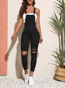 SHEIN PETITE Ripped Frayed Denim Overalls Without Tank Top - Black - View 1