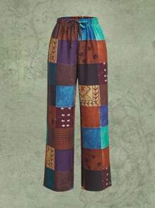 Pantalones con estampado de retazo de cintura con nudo - Multicolor - Ver 1
