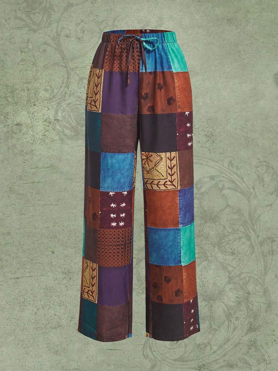 Pantalones con estampado de retazo de cintura con nudo - Multicolor - Ver 1