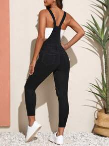 SHEIN PETITE Ripped Frayed Denim Overalls Without Tank Top - Black - View 2