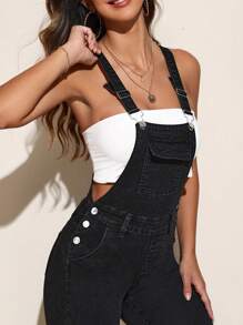 SHEIN PETITE Ripped Frayed Denim Overalls Without Tank Top - Black - View 3