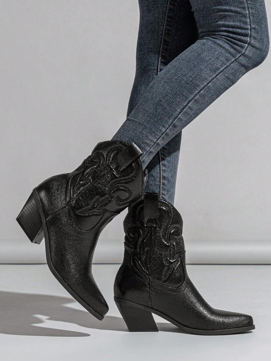 女士刺繡西部靴，黑色休閒時尚靴，女士牛仔靴