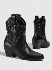 女士刺繡西部靴，黑色休閒時尚靴，女士牛仔靴