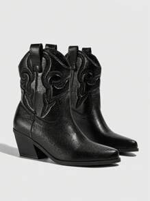 女士刺繡西部靴，黑色休閒時尚靴，女士牛仔靴