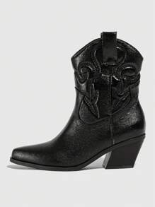 女士刺繡西部靴，黑色休閒時尚靴，女士牛仔靴