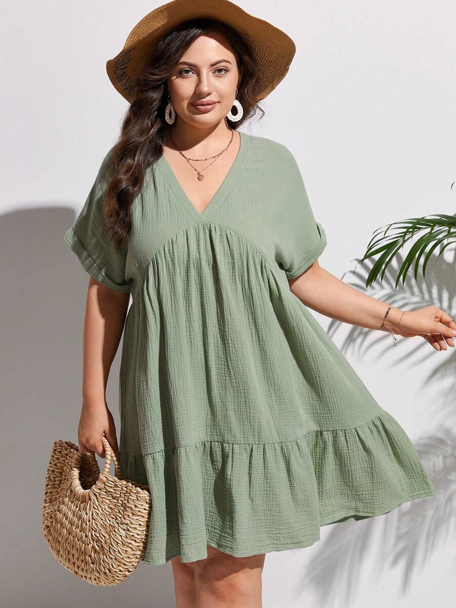 SHEIN Frenchy Đầm Plus Size Viên lá sen màu trơn Dễ thương - màu xanh lá - Xem 1