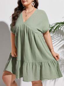 SHEIN Frenchy Đầm Plus Size Viên lá sen màu trơn Dễ thương - màu xanh lá - Xem 4
