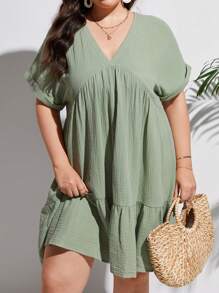 SHEIN Frenchy Đầm Plus Size Viên lá sen màu trơn Dễ thương - màu xanh lá - Xem 6