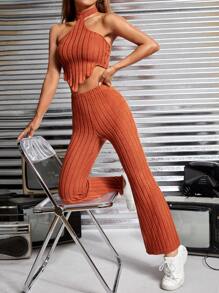 SHEIN PETITE Solid Halter Top & Flare Leg Pants - Burnt Orange - View 1
