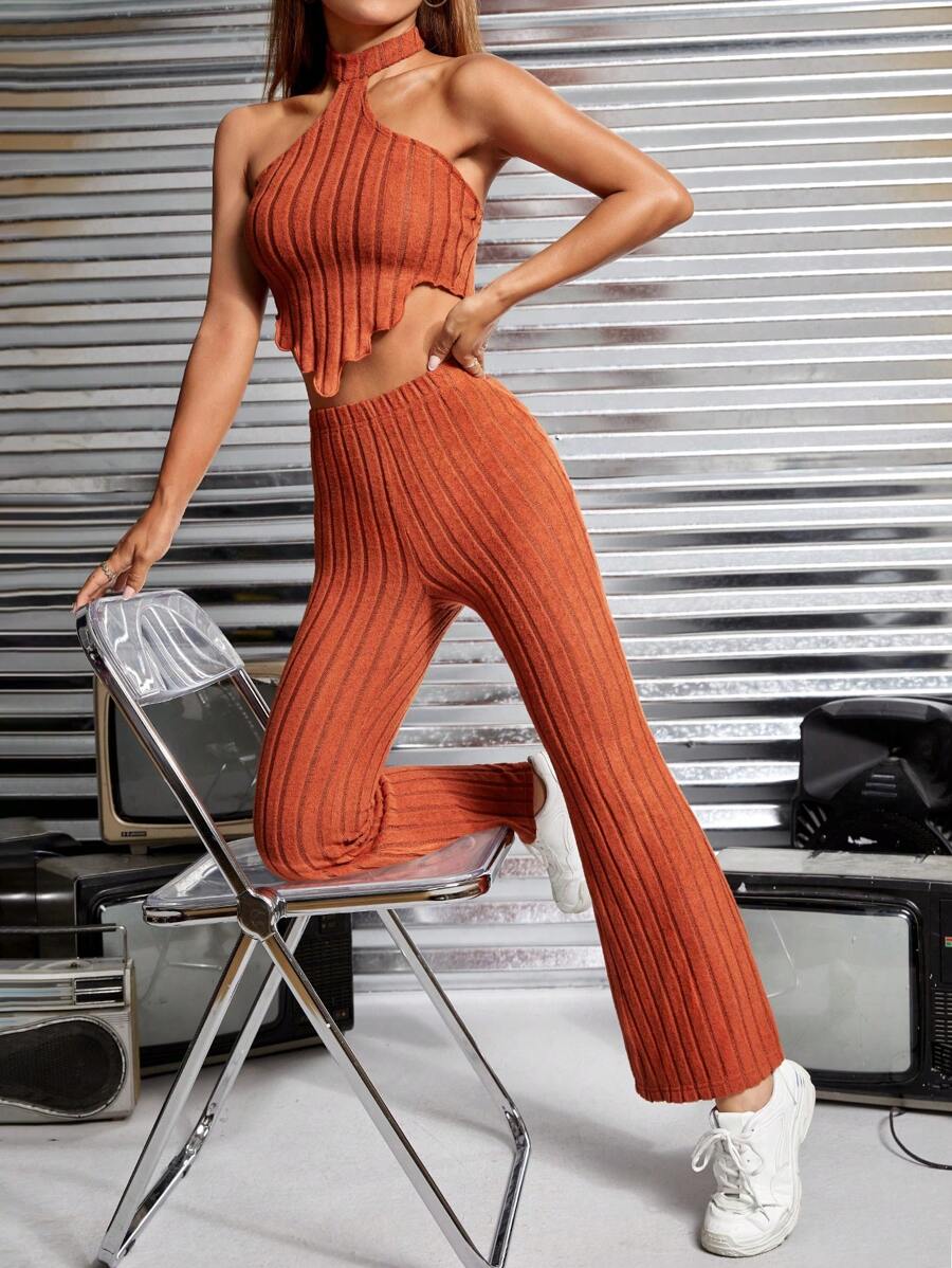 SHEIN PETITE Solid Halter Top & Flare Leg Pants - Burnt Orange - View 1