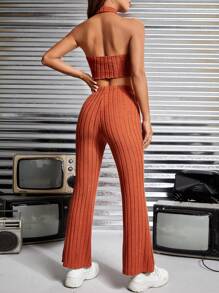 SHEIN PETITE Solid Halter Top & Flare Leg Pants - Burnt Orange - View 2