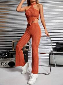 SHEIN PETITE Solid Halter Top & Flare Leg Pants - Burnt Orange - View 3