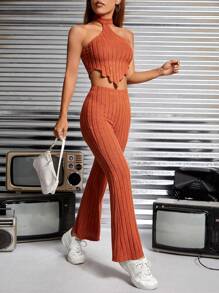 SHEIN PETITE Solid Halter Top & Flare Leg Pants - Burnt Orange - View 4