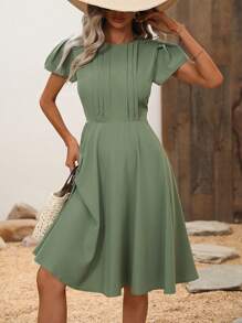 SHEIN Clasi Đầm Dây kéo Uốn nếp màu trơn Giải trí - Màu xanh Bạc hà - Xem 1