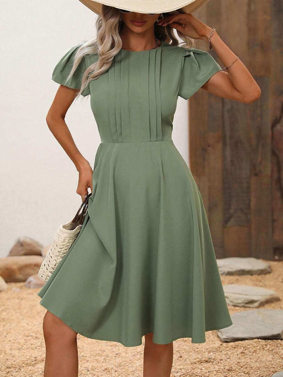 SHEIN Clasi Đầm Dây kéo Uốn nếp màu trơn Giải trí - Màu xanh Bạc hà - Xem 1