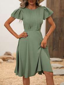 SHEIN Clasi Đầm Dây kéo Uốn nếp màu trơn Giải trí - Màu xanh Bạc hà - Xem 3