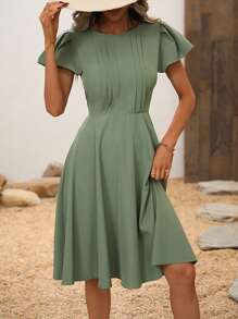 SHEIN Clasi Đầm Dây kéo Uốn nếp màu trơn Giải trí - Màu xanh Bạc hà - Xem 6