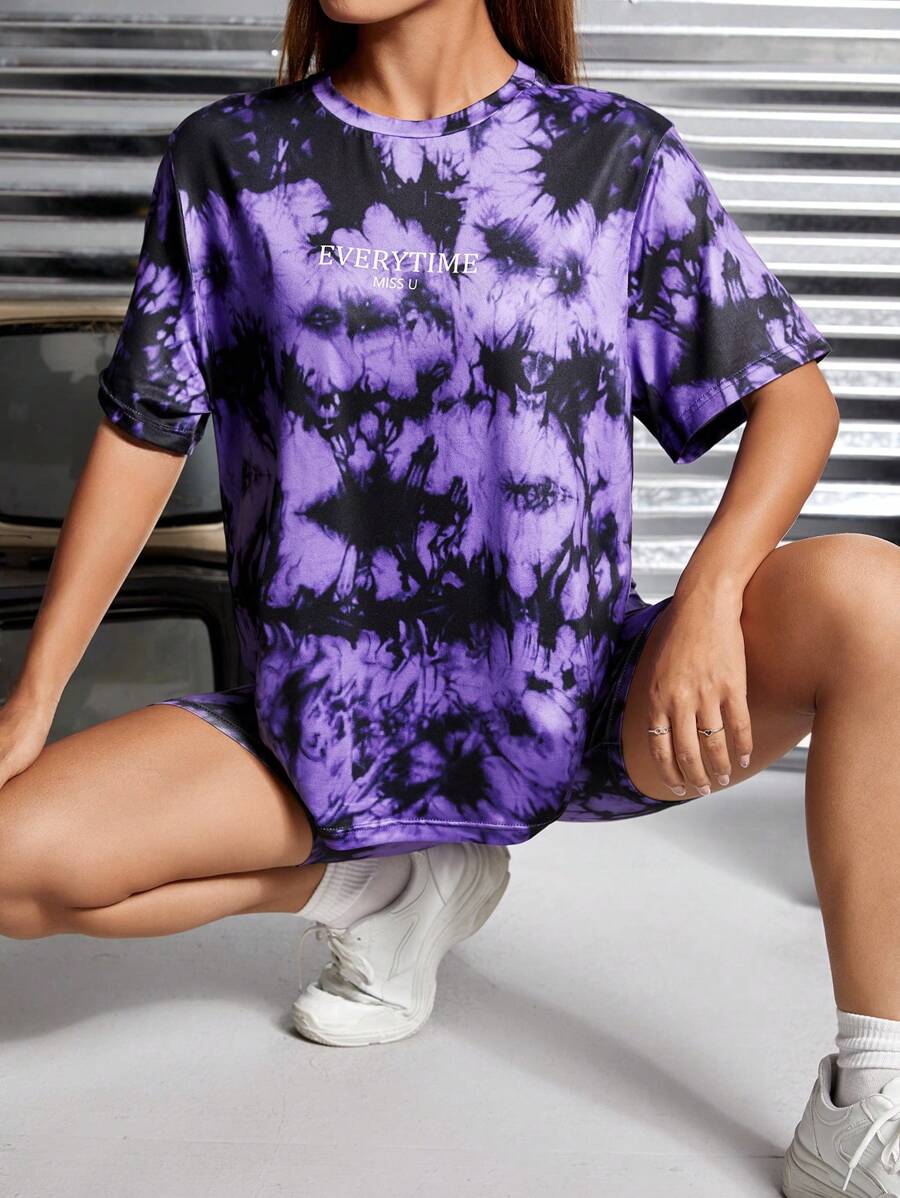 SHEIN PETITE 紮染字母圖案T恤和機車短褲 - 彩色 - 查看 1