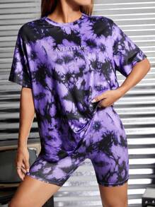 SHEIN PETITE 紮染字母圖案T恤和機車短褲 - 彩色 - 查看 4