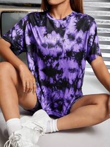 SHEIN PETITE 紮染字母圖案T恤和機車短褲 - 彩色 - 查看 5