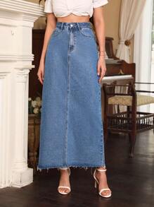 SHEIN Frenchy Raw Hem Denim Skirt Winter