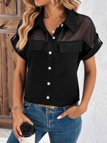SHEIN Clasi Contrast Mesh Roll Tab Sleeve Flap Detail Shirt - Black - View 1