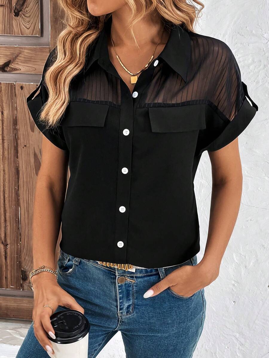 SHEIN Clasi Contrast Mesh Roll Tab Sleeve Flap Detail Shirt - Black - View 1