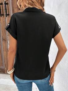 SHEIN Clasi Contrast Mesh Roll Tab Sleeve Flap Detail Shirt - Black - View 2