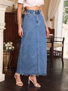 SHEIN Frenchy Raw Hem Denim Skirt Winter