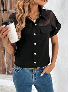 SHEIN Clasi Contrast Mesh Roll Tab Sleeve Flap Detail Shirt - Black - View 5