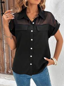 SHEIN Clasi Contrast Mesh Roll Tab Sleeve Flap Detail Shirt - Black - View 6