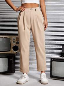 SHEIN PETITE 高腰褶皺直筒褲 - 卡其色 - 查看 1