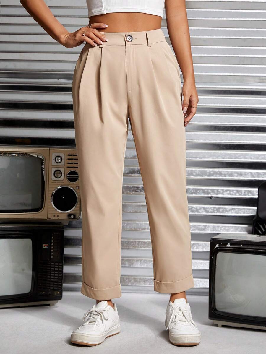 SHEIN PETITE 高腰褶皺直筒褲 - 卡其色 - 查看 1