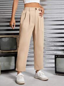 SHEIN PETITE 高腰褶皺直筒褲 - 卡其色 - 查看 3