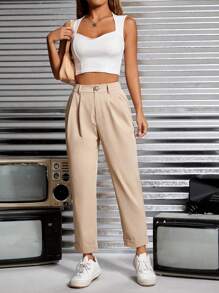 SHEIN PETITE 高腰褶皺直筒褲 - 卡其色 - 查看 4
