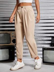 SHEIN PETITE 高腰褶皺直筒褲 - 卡其色 - 查看 5