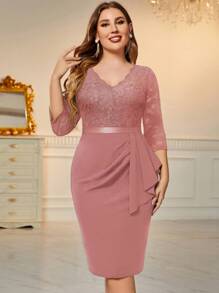 MIUSOL 大碼蕾絲拼接荷葉邊側垂緊身連衣裙 - 藕粉色 - 查看 1