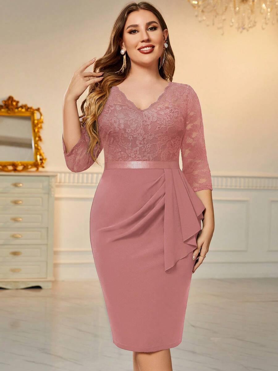 MIUSOL 大碼蕾絲拼接荷葉邊側垂緊身連衣裙 - 藕粉色 - 查看 1