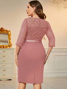 MIUSOL 大碼蕾絲拼接荷葉邊側垂緊身連衣裙 - 藕粉色 - 查看 2