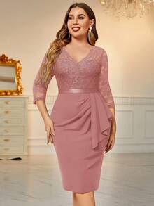 MIUSOL 大碼蕾絲拼接荷葉邊側垂緊身連衣裙 - 藕粉色 - 查看 4