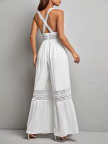 SHEIN PETITE 水溶蕾絲拼接闊腿吊帶連體褲 - 白色 - 查看 2