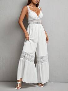 SHEIN PETITE 水溶蕾絲拼接闊腿吊帶連體褲 - 白色 - 查看 5
