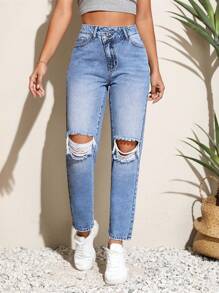 SHEIN Unity Quần jean nữ Nút Túi Bị tách Dây kéo màu trơn - Rửa nhẹ - Xem 1